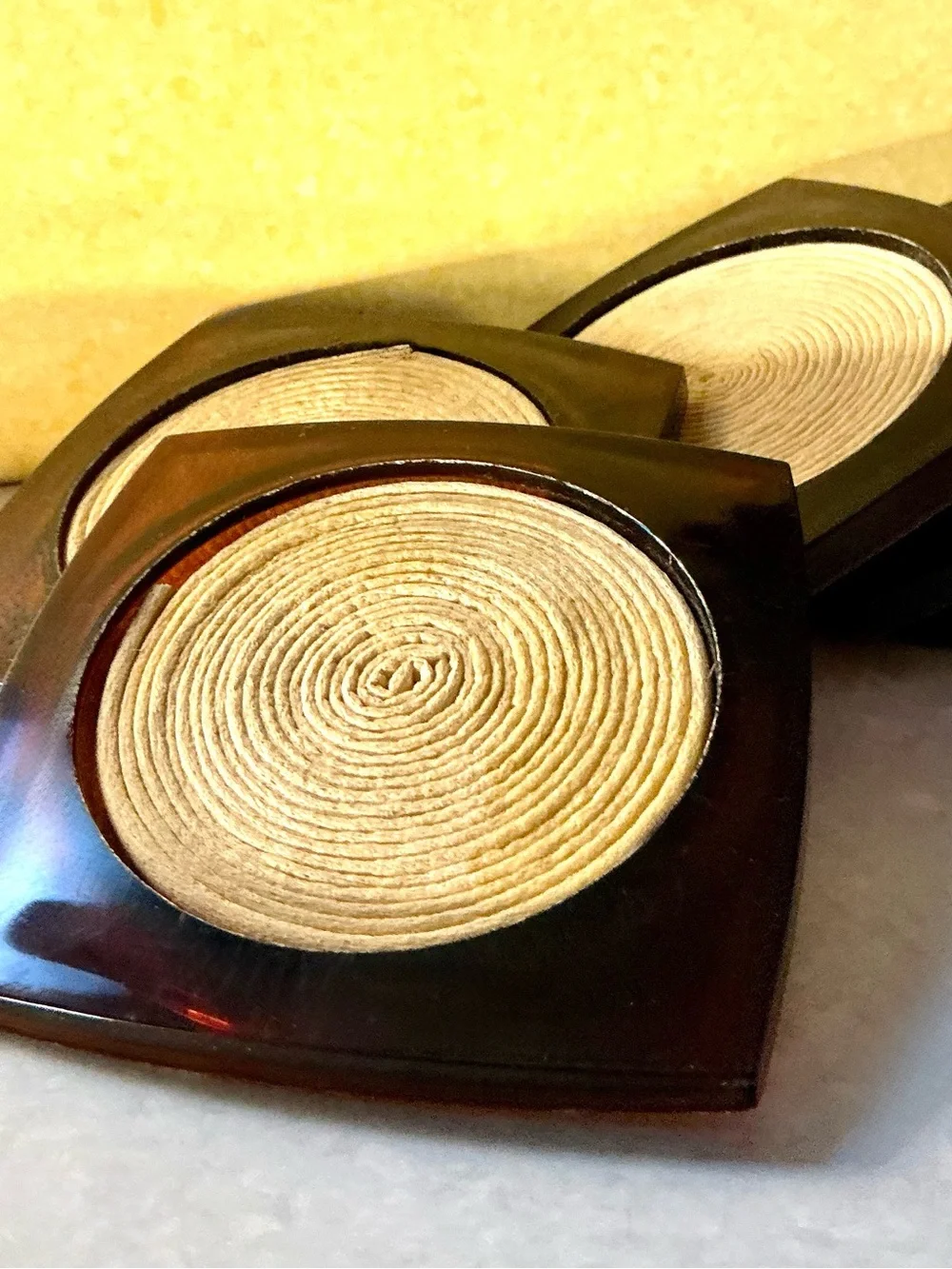 Vintage Coaster Holder Set Georges Briard Faux Tortoise Shell Lucite Raffia MCM